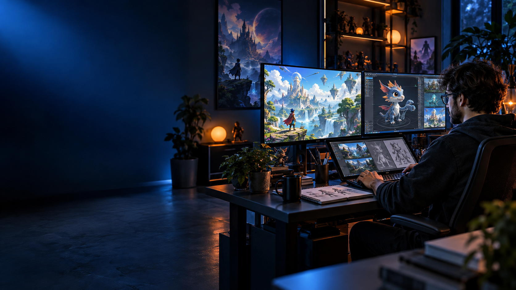 Game development workspace displaying colourful 2D and 3D game worlds
