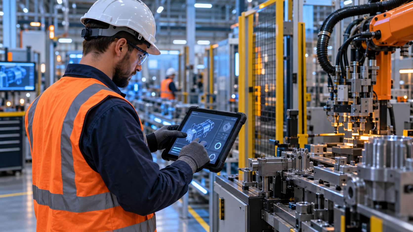 Industrial worker using a digital safety training simulation in a factory